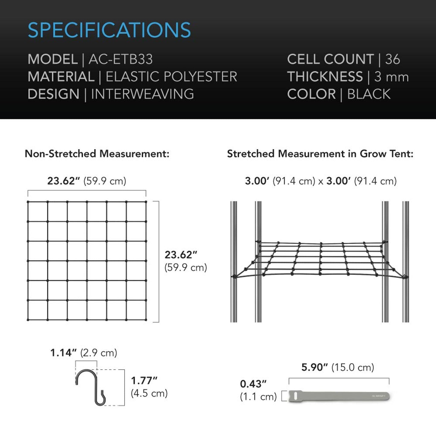 GROW TENT TRELLIS NETTING, FLEXIBLE ELASTIC CORDS, 3X3’