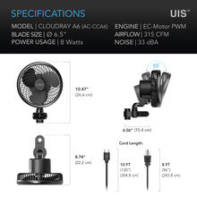 AC INFINITY CLOUDRAY A6, GROW TENT CLIP FAN 6” WITH 10 SPEEDS, EC-MOTOR, MANUAL SWIVEL