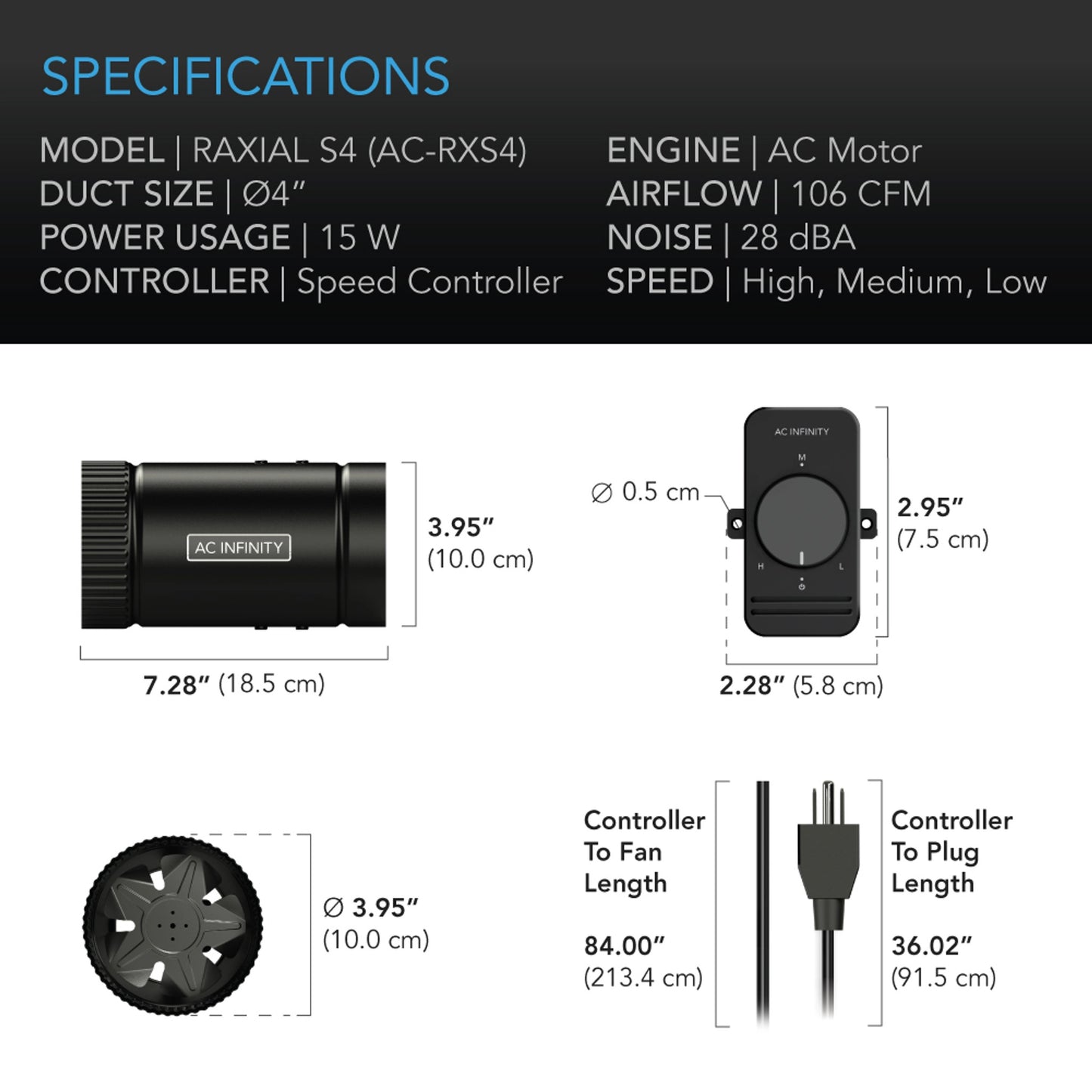 RAXIAL S4, INLINE BOOSTER DUCT FAN WITH SPEED CONTROLLER, 4-INCH