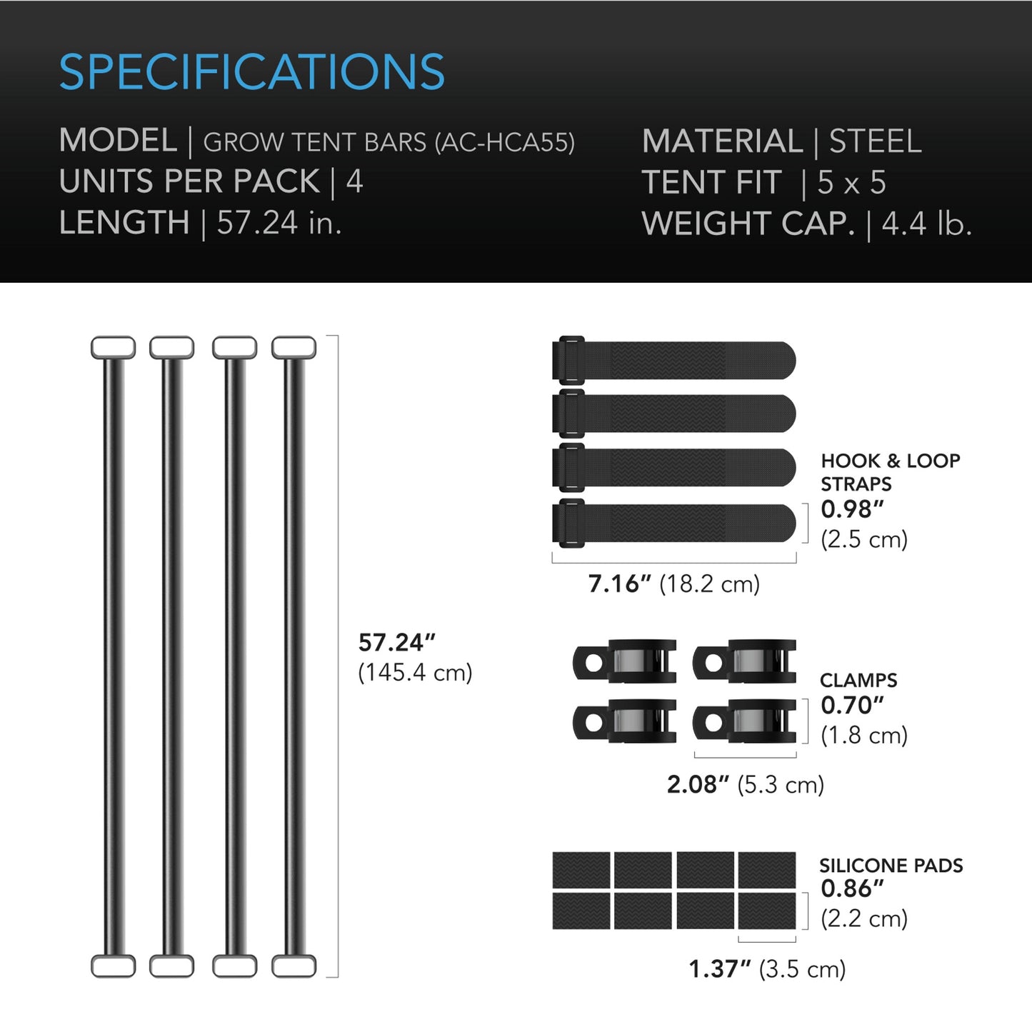 AC INFINITY GROW TENT MOUNTING BARS, FOR INDOOR GROW SPACES, 5X5'