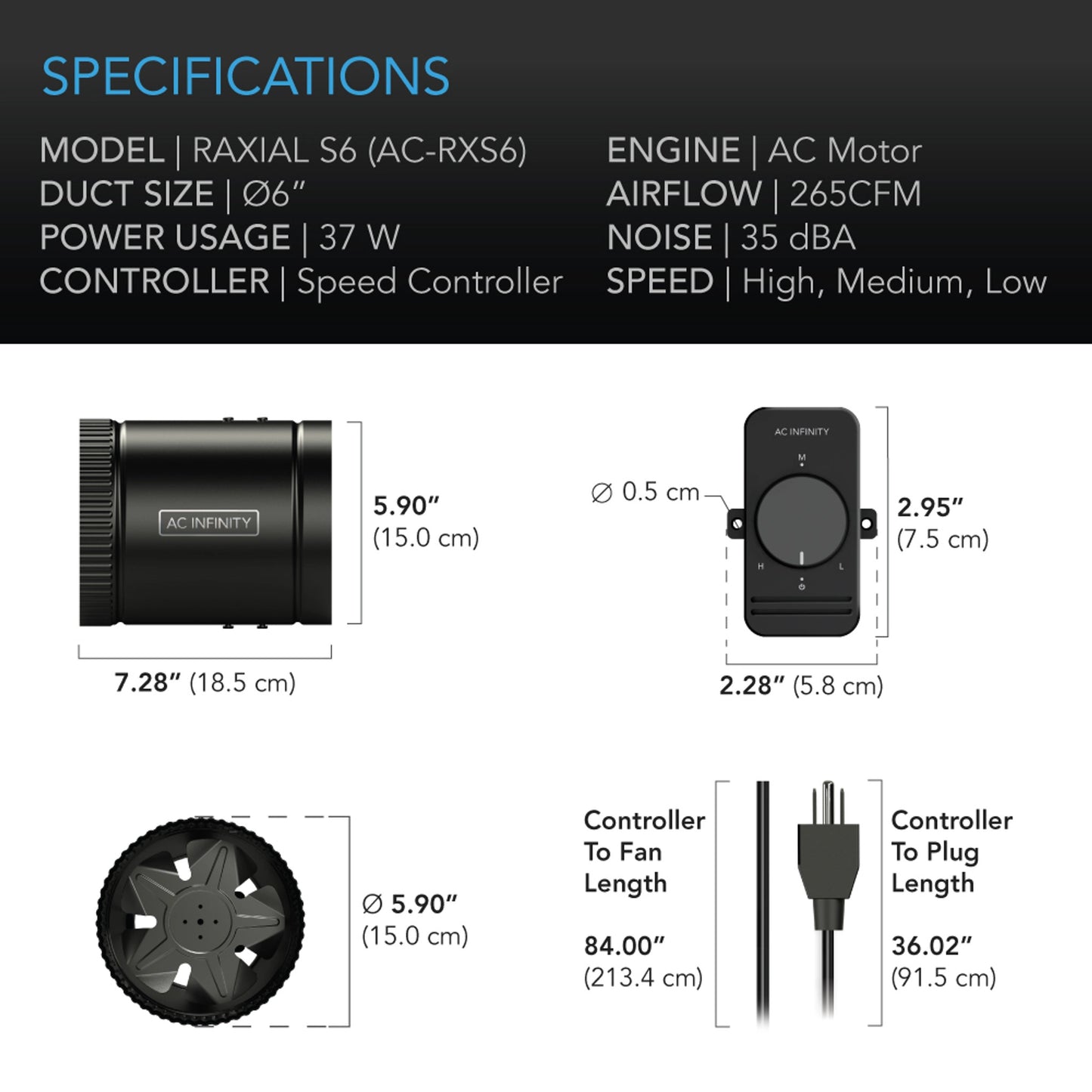 RAXIAL S6, INLINE BOOSTER DUCT FAN WITH SPEED CONTROLLER, 6-INCH