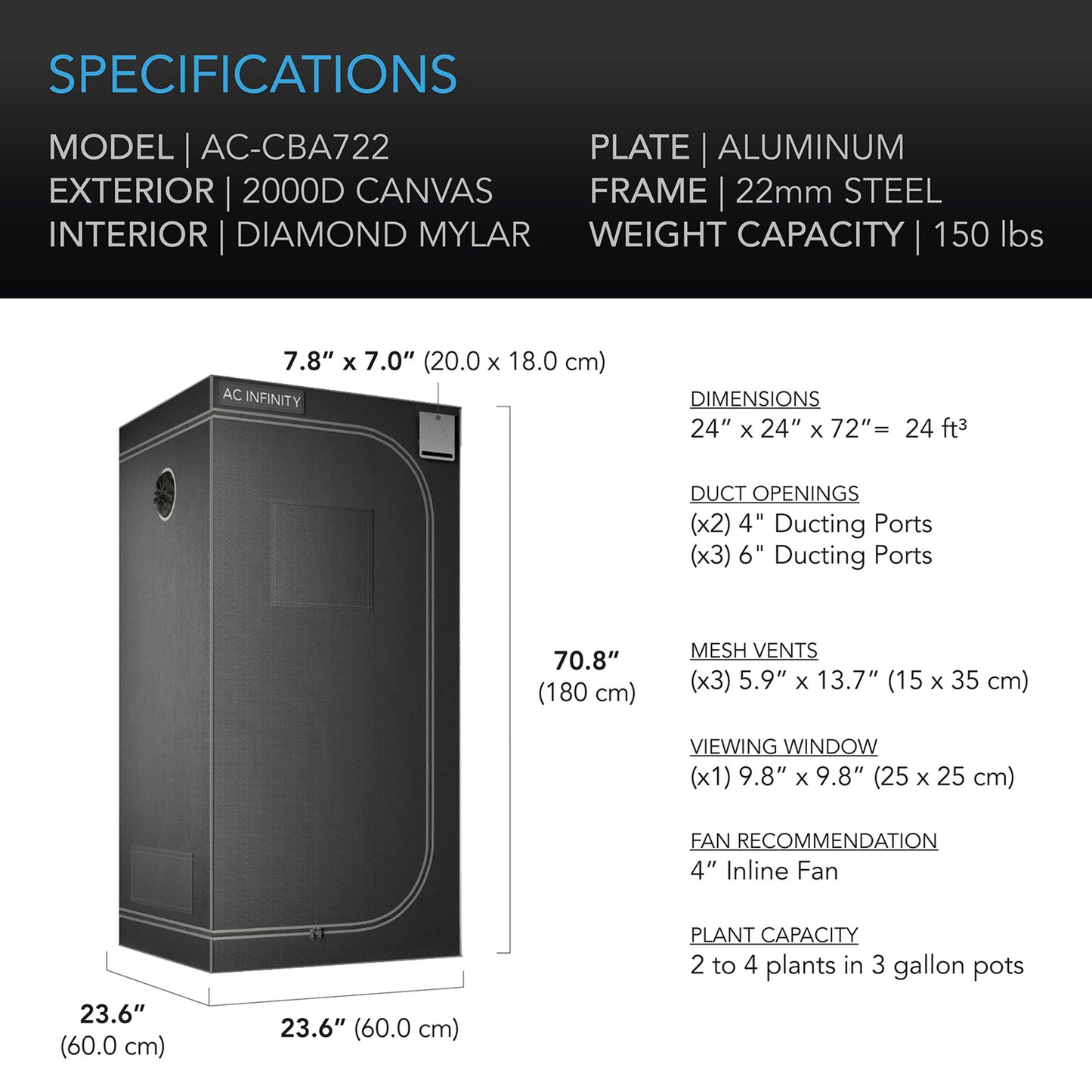 AC INFINITY CLOUDLAB 722, ADVANCE GROW TENT 2X2, 2000D DIAMOND MYLAR CANVAS, 24" X 24" X 72"