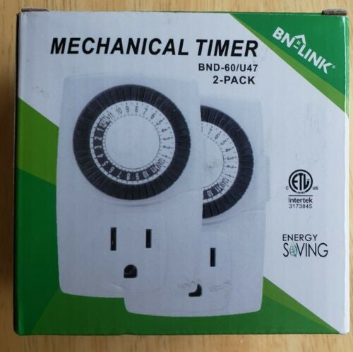 BN-LINK Mini Indoor 24-Hour Mechanical Outlet Timer, 2 Prong, 2-Pack, Grounded