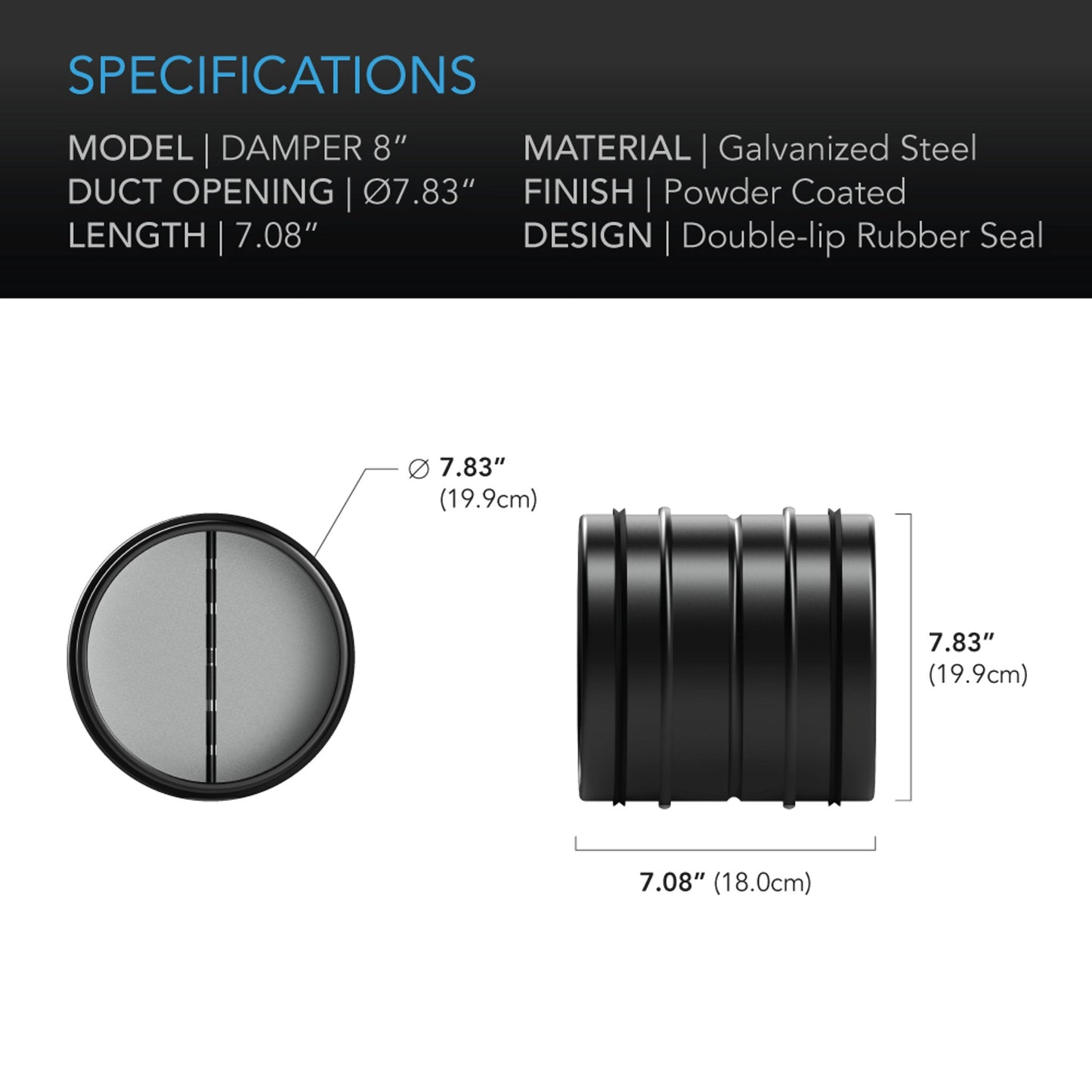 AC INFINITY BACKDRAFT DAMPER DUCTING INSERT, 8-INCH, BLACK GALVANIZED STEEL