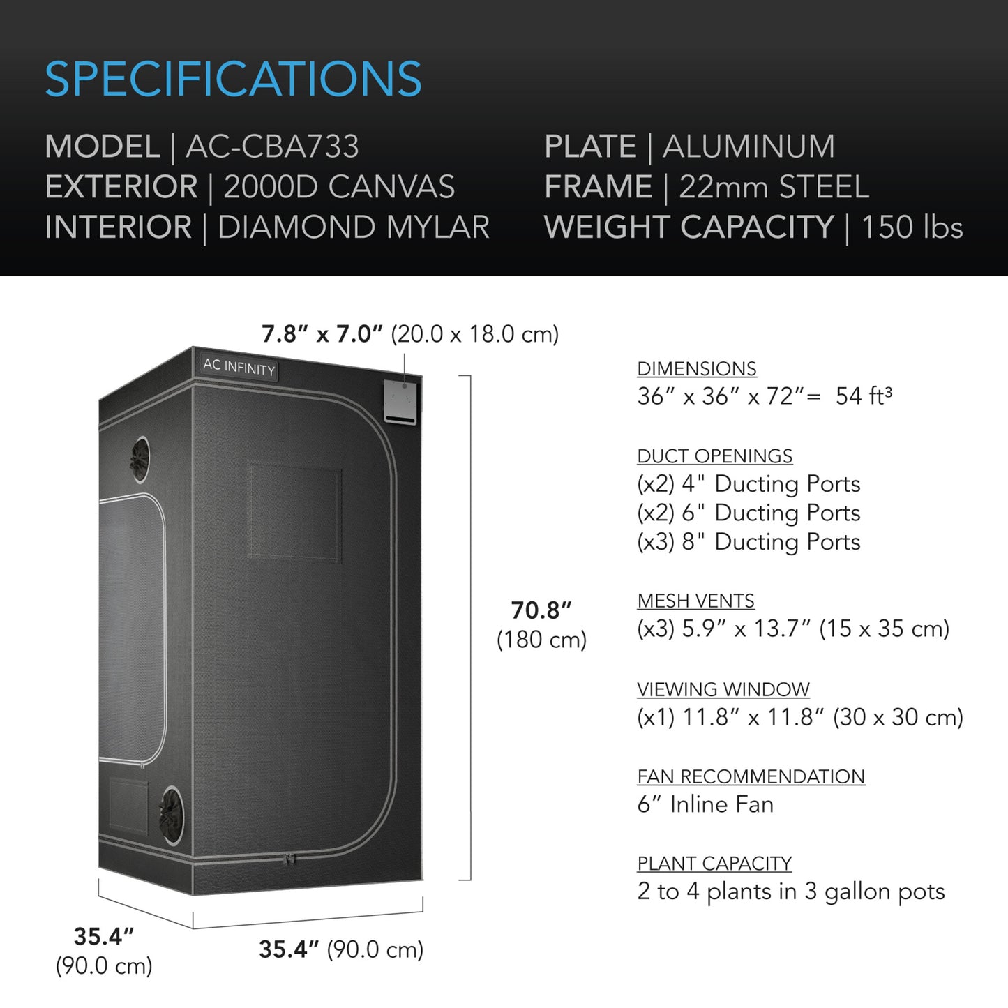 AC INFINITY CLOUDLAB 733, ADVANCE GROW TENT 3X3, 2000D DIAMOND MYLAR CANVAS, 36" X 36" X 72"