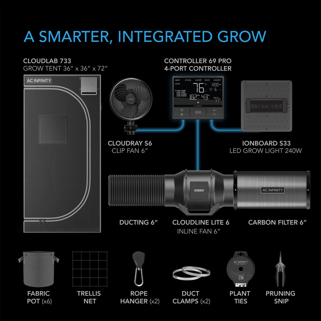 AC INFINITY ADVANCE GROW TENT SYSTEM 3X3, 3-PLANT KIT, WIFI-INTEGRATED CONTROLS TO AUTOMATE VENTILATION, CIRCULATION, FULL SPECTRUM LED GROW LIGHT