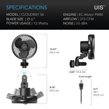 AC INFINITY CLOUDRAY S6, GROW TENT CLIP FAN 6” WITH 10 SPEEDS, EC-MOTOR, AUTO OSCILLATION